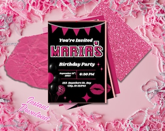 Pink Glam Birthday Party Invitation Template – Editable Girl's Invite with Glitter, Balloons & Retro Text