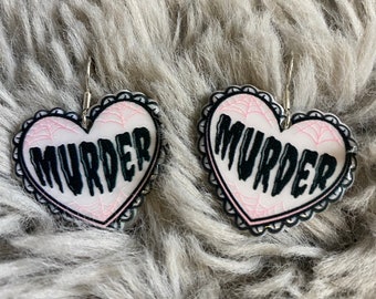 Cutesy True Crime ‘Murder’ Inspired Heart Drop Earrings. Horror/Spooky Jewellery