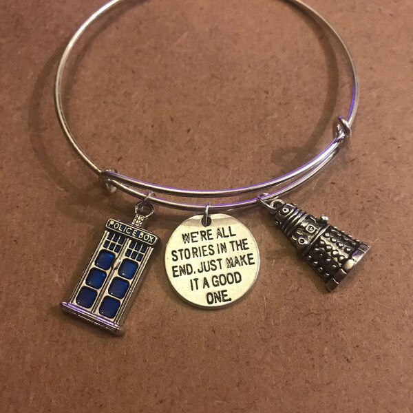 Doctor who inspired charm bangle. TARDIS and Dalek charm detail.