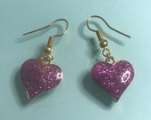 Handmade Purple Glitter Heart Drop Earrings