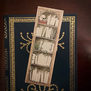 May include: A hand-painted bookmark with a skull and crossbones design. The bookmark features a bookshelf with books and a plant. The text "deux vérités" is written on the bookmark.