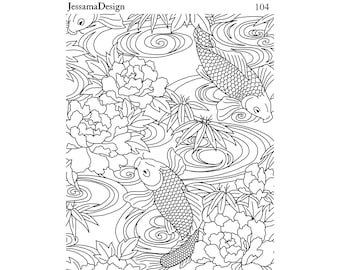 May include: A black and white colouring page featuring two koi fish swimming among swirling water ripples, large peony flowers, and bamboo leaves. The top left corner displays the text JessamaDesign and the top right corner shows the number 104.