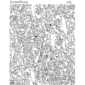 Könnte beinhalten: Abstrakte Schwarz-Weiß-Grafik mit einem topografischen Kartenmuster. Das Bild zeigt komplizierte, wirbelnde Linien und Muster, die einen strukturierten Effekt erzeugen. Der Text "JessamaDesign" und die Nummer "134" befinden sich oben rechts.