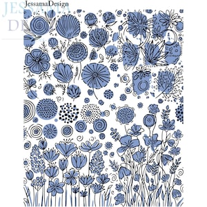 May include: A white background is covered with a pattern of blue flowers and leaves in various shapes and sizes. The design includes both detailed and abstract floral elements, with black outlines.