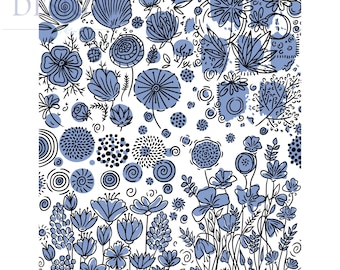 May include: A white surface featuring a repeating pattern of dark blue line-art flowers, foliage, and circular shapes with light blue watercolor-style fill accents. The design includes various botanical elements and the text JessamaDesign.