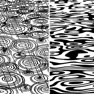 Op de afbeelding: Zwart-witte illustratie van regendruppels die in een plas vallen en concentrische cirkels creëren. De afbeelding is in twee delen verdeeld, met de linkerkant die de regendruppels laat zien en de rechterkant die de rimpels in het water laat zien.