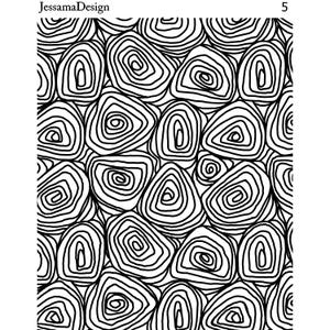 Op de afbeelding: Zwart-wit abstract patroon met een herhalend ontwerp van overlappende cirkels en ovalen.