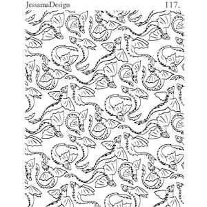 May include: A repeating pattern of black line art dragons on a white background. The dragons are depicted in various poses, with wings spread and tails curled. The text "JessamaDesign" is in the upper left corner and "117." is in the upper right corner.