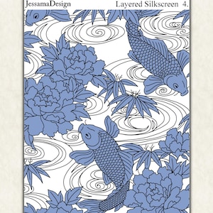 Könnte beinhalten: Ein digitales Design mit blauen Koi-Karpfen, die in einem Teich mit blauen Pfingstrosen und wirbelnden Wassermustern schwimmen. Das Design ist mit "Layered Silkscreen 4." beschriftet.