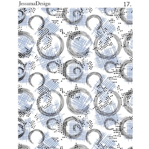 Op de afbeelding: Abstract patroon op een witte achtergrond met zwarte, blauwe en grijze elementen. Het ontwerp bevat cirkelvormige vormen, stippenpatronen en gearceerde lijnen. De tekst "JessamaDesign" staat linksboven en het nummer "17" staat rechtsboven.