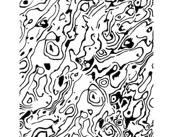 May include: A rectangular stencil sheet featuring the text JessamaDesign and the number 1 at the top. The surface is covered in a high-contrast black and white pattern of fluid, organic, swirling lines and irregular shapes resembling wood grain.