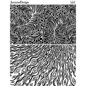 Op de afbeelding: Twee zwart-witte nail art stempelplaten. De bovenste plaat heeft een draaiend patroon van stippen en lijnen. De onderste plaat heeft een herhalend patroon van gestileerde ogen.