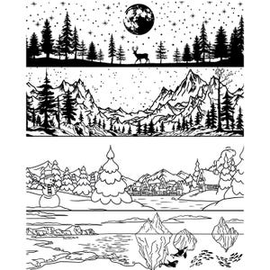 Op de afbeelding: Zwart-wit illustraties van winterse taferelen. De bovenste scène toont een volle maan, sterren en een hert in een bos. De middelste scène toont bergen en bomen. De onderste scène toont een sneeuwman, een dorp en ijsbergen.