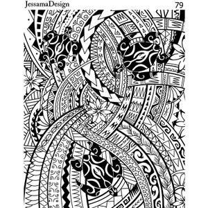 Op de afbeelding: Zwart-wit ingewikkeld ontwerp met herhalende patronen en vormen. Het ontwerp bevat een gestileerd bloemenmotief en geometrische vormen.