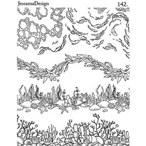 May include: A black and white digital illustration sheet labeled JessamaDesign 142 featuring four horizontal rows of marine life patterns including schools of fish, flowing seaweed, starfish, coral reefs, seashells, and bubbles on a white background.