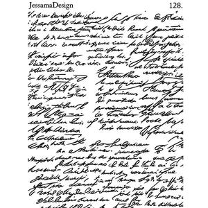 May include: A black and white image featuring handwritten script, with the text "JessamaDesign" at the top left and the number "128" at the top right. The script appears to be in a cursive style, covering the entire surface.