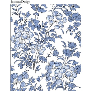 Op de afbeelding: Een naadloos patroon met blauwe en witte gestileerde bloemen op een witte achtergrond. De bloemen zijn gerangschikt in een herhalend patroon en hebben een delicate, vintage uitstraling.