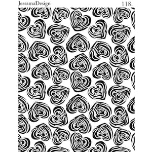 Könnte beinhalten: Ein sich wiederholendes Muster aus schwarzen herzförmigen Rosendesigns auf weißem Hintergrund. Das Bild hat den Text "JessamaDesign" oben links und "118." oben rechts. Das Design eignet sich für Stoff oder Tapeten.