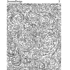 Op de afbeelding: Zwart-witte lijntekening van draaiende, abstracte vormen. Het ontwerp lijkt op een sterrenhemel.