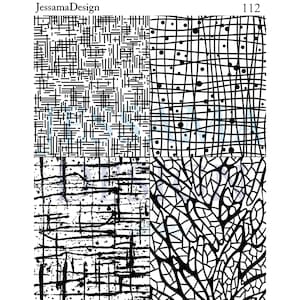 Op de afbeelding: Een vierkante afbeelding met vier abstracte zwart-wit patronen. De patronen omvatten kruisarcering, rasterachtige ontwerpen met stippen en organische, takachtige vormen. De linkerbovenhoek heeft de tekst "JessamaDesign" en de rechterbovenhoek het nummer "112".