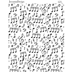 May include: A white background is covered with a repeating pattern of black musical notes, including treble clefs, eighth notes, and quarter notes. The text "JessamaDesign" and "121." are in the upper left and right corners.
