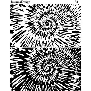 Op de afbeelding: Zwart-wit tie-dye patroon met een spiraalvormig ontwerp. Het patroon wordt twee keer herhaald.