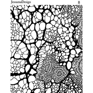 Op de afbeelding: Zwart-wit abstract patroon met een herhalend ontwerp van cirkels en lijnen. Het patroon doet denken aan een honingraat of een netwerk van aderen.