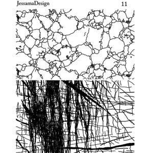 Op de afbeelding: Zwart-witte afbeelding van twee verschillende patronen. Het bovenste patroon is een netwerk van lijnen dat een gebarsten of gebroken oppervlak vormt. Het onderste patroon is een reeks verticale lijnen die worden gekruist door horizontale lijnen.