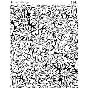 May include: Black and white illustration of overlapping monstera leaves. The leaves have a detailed, stylized design with dark veins and cut-out sections. The image has the text "JessamaDesign" and "114."