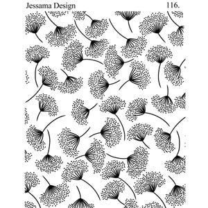 Op de afbeelding: Een herhalend patroon van zwarte bloemelementen op een witte achtergrond. Het ontwerp toont gestileerde bloemen met gestippelde centra en gebogen stelen. De tekst "Jessama Design" staat linksboven.