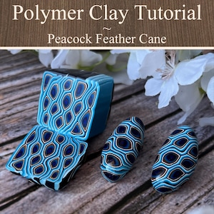 Könnte beinhalten: Polymer Clay Tutorial zur Herstellung einer Pfauenfeder-Cane. Das Bild zeigt eine quadratische und zwei ovale Formen der Cane mit einem blauen, weißen und schwarzen Muster.