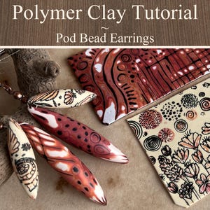 Könnte beinhalten: Polymer Clay Tutorial: Pod Bead Earrings. Das Bild zeigt handgefertigte, bohnenförmige Ohrringe in verschiedenen Stadien der Herstellung. Die Ohrringe weisen komplizierte Muster in Rot, Weiß und Schwarz auf. Der Hintergrund umfasst gemusterte Tonfliesen.