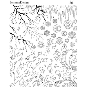 Op de afbeelding: Zwart-witte lijnkunst ontwerpvel met verschillende patronen, waaronder sneeuwvlokken, bliksem, bubbels, vlammen en golven. Het vel is gelabeld met "JessamaDesign" en "30".