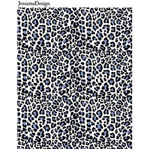 Op de afbeelding: Een naadloos patroon met een witte achtergrond en een herhalend patroon van zwarte en blauwe luipaardvlekken.