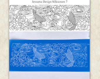 May include: A rectangular blue silkscreen stencil featuring a detailed black and white line art pattern of two koi fish swimming among water ripples, bamboo leaves, and large peony flowers, labelled with the text Jessama Design Silkscreen 7.