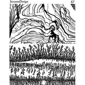 May include: Black and white digital stamp featuring two designs. The top design is a swirling, abstract pattern. The bottom design is a repeating pattern of small, intricate shapes.