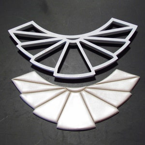 May include: A white plastic template for a decorative collar with a scalloped edge and a sunburst design. The template is shown with a finished collar made of white fabric.
