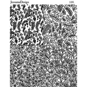 Op de afbeelding: Zwart-wit bloemenpatroonontwerp met vier verschillende patronen. De patronen zijn gemaakt van verschillende vormen en maten bladeren en bloemen.