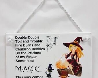 Double Double Toil & Trouble, Witch and Cauldron Sign, Pagan Wicca Wall Plaque, Hanging Wood Sign, Halloween Décor, Witch Quote