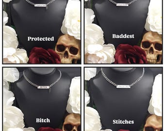 Protected by Angels Stainless Steel Bar Necklace-Biker Jewelry-Support 81 Jewlery-81 Supporter-Biker Necklace-Gifts for Her-Biker Mom-Gothic