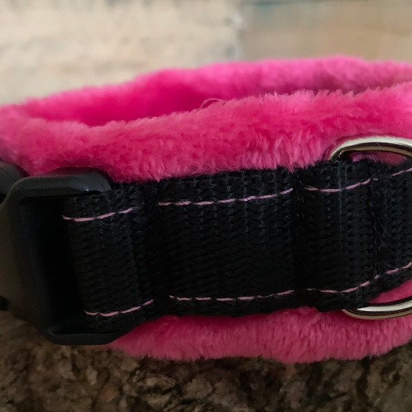 Fleece Dog Collar / Luxury Dog Neckwear / 5 Sizes Available / 2 Widths / Adjustable / Cerise Fleece & Black Webbing
