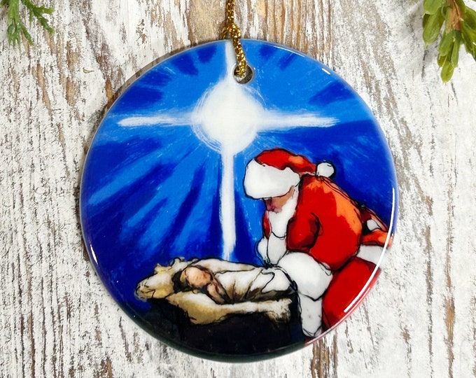 Santa Kneeling at the Manger Ornament, Baby Jesus, Santa ornament, Christmas gift, Religious Ornament, Christmas ornament, Holiday ornament