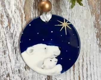 Polar Bears and Star Ornament, Polar Bear Adult and Child Painting, Christmas gift, Holiday gift, Joyful ornament