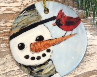 Snowman and Cardinal Christmas Ornament • Winter Snowman Ornament • Cardinal Memorial Ornament • 3" Ceramic Ornament • Holiday Gift