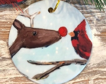 Reindeer and Cardinal Christmas Ornament, Reindeer and cardinal, Cardinal Christmas, Tree trimming, Holiday gift, Meaningful Christmas gift