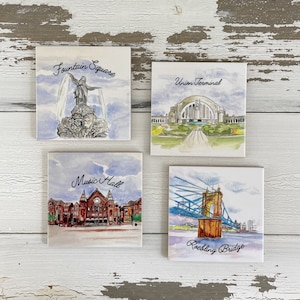 Cincinnati Coasters Set of 4 – Handmade Drink Coasters, Cincinnati Skyline Home Decor, Cincinnati Landmarks, Housewarming Gift, Ohio Decor