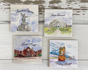 Cincinnati Coasters, Set of 4 Coasters, Cincinnati Landmarks, Fountain Square, Robling Bridge, Music Hall, Union Terminal, Housewarming gift