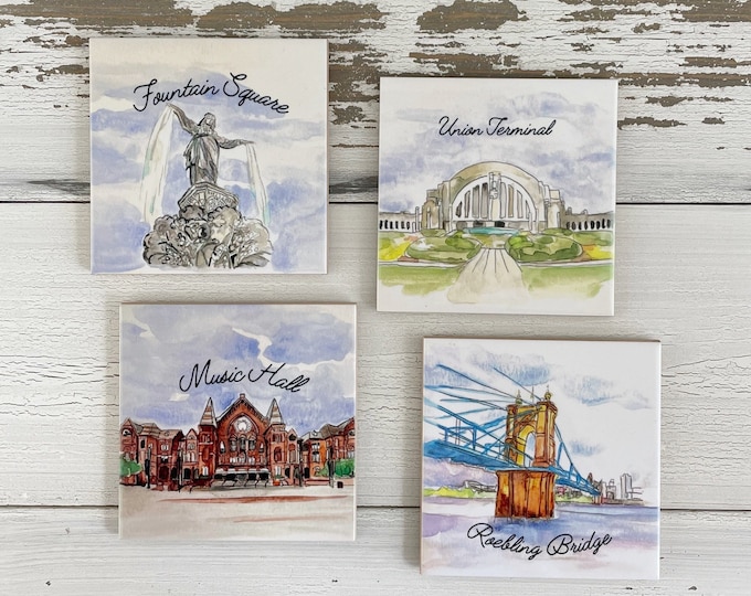 Cincinnati Coasters, Set of 4 Coasters, Cincinnati Landmarks, Fountain Square, Robling Bridge, Music Hall, Union Terminal, Housewarming gift