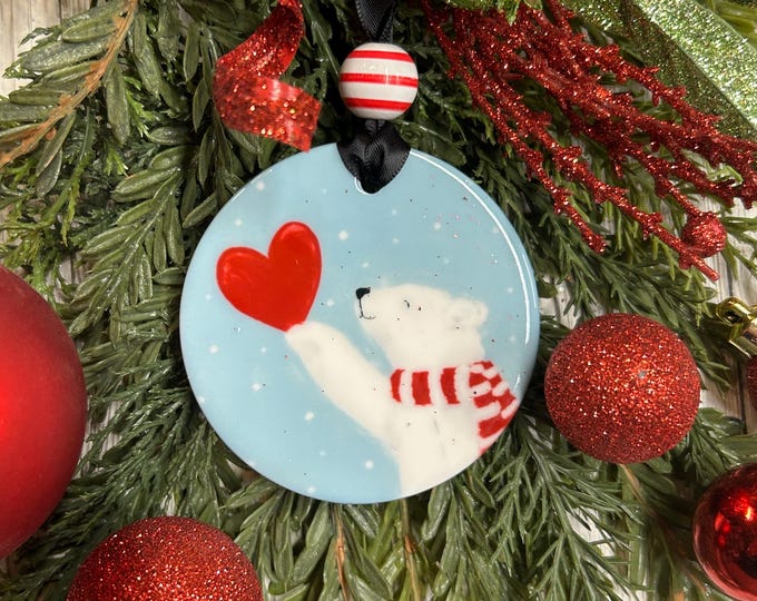 Sending Love Polar Bear Ornament, Polar Bear Painting, Christmas gift, Holiday gift, Joyful ornament