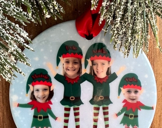 Custom Elf Family Personalized Photo Christmas Ornament, Kids Christmas Ornament, Fun gift, Tree trimming, Holiday gift, Christmas gift